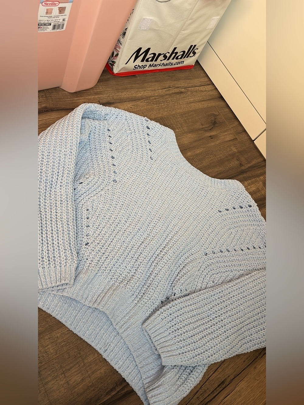 SO Light Blue Women's Crochet-Style Crewneck Sweater